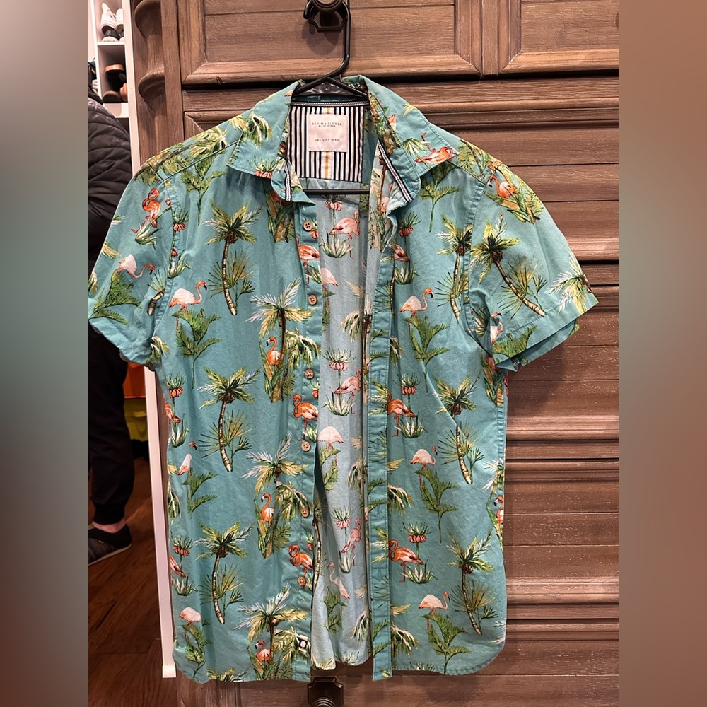 Denim & Flower Teal Flamingo Print Men's Shirt